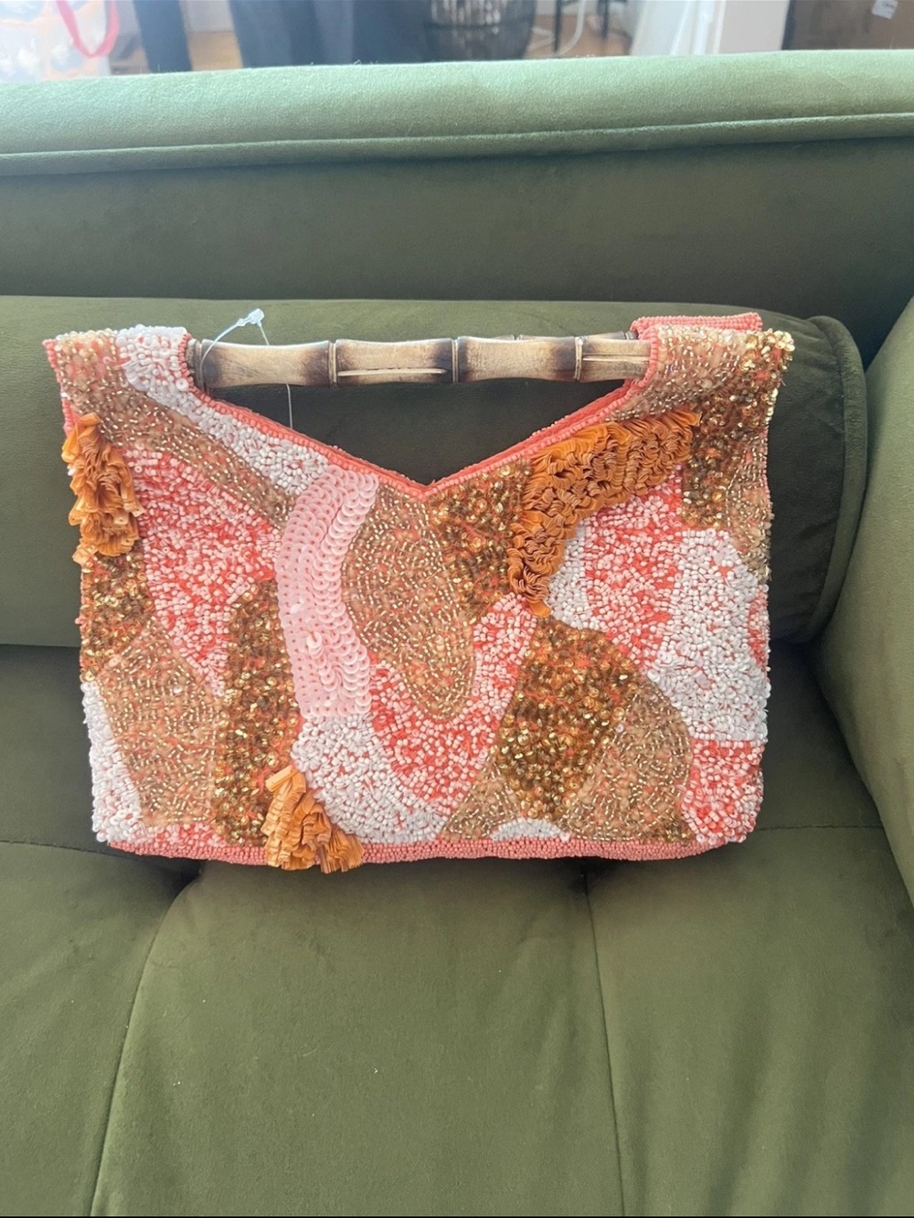 Hand-Beaded Coral & Peach Purse with Bamboo Handle